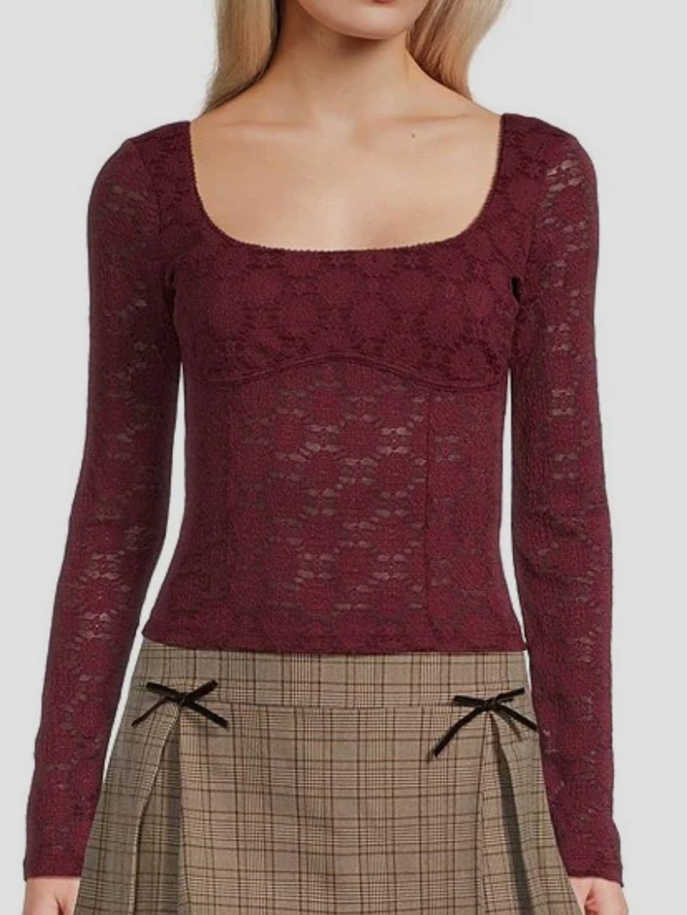 Women’s Lace Long-Sleeve Square Neck Top — Wine